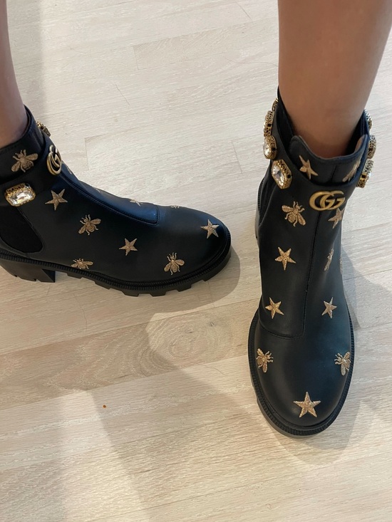 Gucci Shoes - Gucci Black Woman’s Bee & Star Embroidered Chelsea Boots with Jeweled Strap